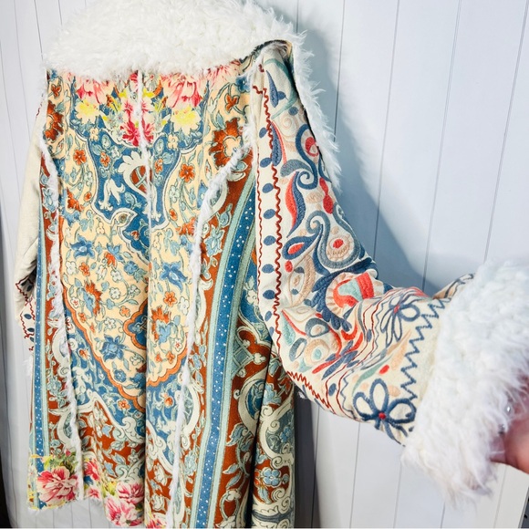 Johnny Was BIYA Halmstad Multi Patterned Embroidered Coat w/ Faux Fur & Suede L - Picture 12 of 14